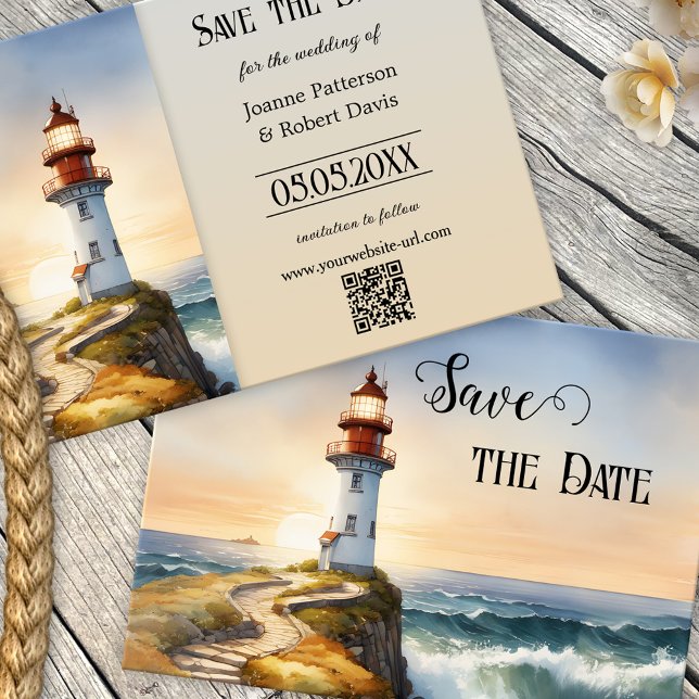 Save the Date Karte für das Leuchtturm (Nautical Save the Date card featuring a watercolor painting of a lighthouse at sunset - QR code)