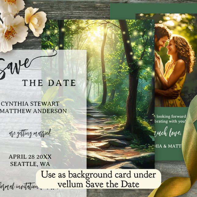 Save the Date Karte für den verzauberten Wald (Enchanted forest Save the Date card featuring a sunlit path in a forest with sparkling fairy lights)