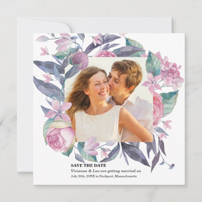 Save the Date-Karte für lila rosa Foto Save The Date (Vorderseite)