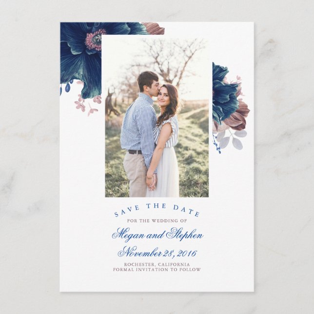 Save the Date-Karte für Navy Blue & Mauve-Foto Begleitkarte (Vorderseite)