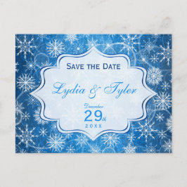 Save the Date Karte mit blauen und weißen Schneefl