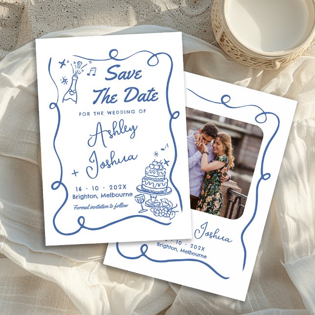 Save the Date Karte mit dem blauen Kuchen (Whimsical Blue Hand Drawn Wedding Save The Date Card, Trendy Blue Line Save The Date Card With Photo)
