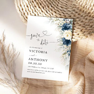 Save the Date Karte Navy Blue und White Roses