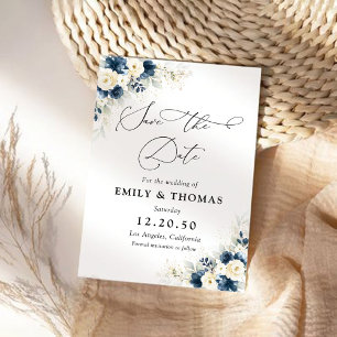 Save the Date Karte Navy Blue und White Roses