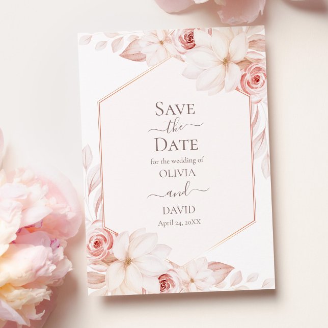 Save the Date Karte von Boho White und Pink Roses (Boho White and Pink Roses Save the Date Card on pink table with pale pink peonies.)