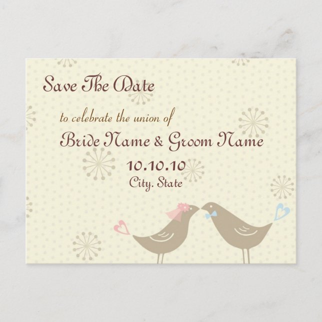 Save the Date Kissing Birds Wedding Postcard Ankündigungspostkarte (Vorderseite)