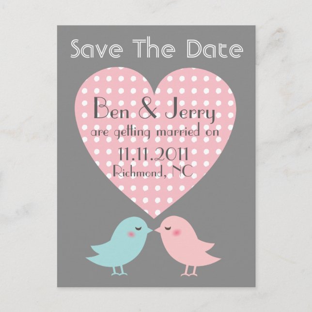 Save the Date Kissing Pop Birds Postcard Ankündigungspostkarte (Vorderseite)