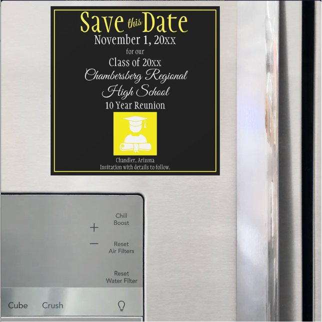 Save the Date Klasse Wiedersehen Yellow Black Magn Magnetkarte (5" square custom class reunion magnet)
