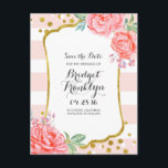 Save the Date Konfetti-Streifen aus Gold und Rosa Ankündigungspostkarte<br><div class="desc">Aquarellfarbene Blume rosa Streifen und goldene Konfetti-Save the Date Postkarten</div>