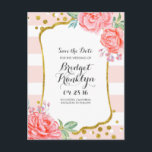 Save the Date Konfetti-Streifen aus Gold und Rosa Ankündigungspostkarte<br><div class="desc">Aquarellfarbene Blume rosa Streifen und goldene Konfetti-Save the Date Postkarten</div>