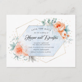 Save the Date Korallen Dusty Blue Floral Ankündigungspostkarte
