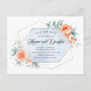 Save the Date Korallen Dusty Blue Floral Ankündigungspostkarte