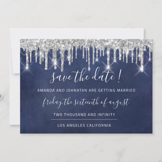 Save the Date Kraft Silver Gray Tropfen Blue Navy (Vorderseite)