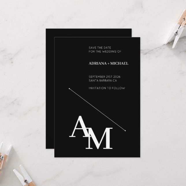 Save the Date kühne Typografie White auf Black Einladung (Vorderseite/Rückseite Beispiel)