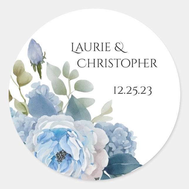 Save the Date Label, blaues Blumendesign Runder Aufkleber (Vorderseite)