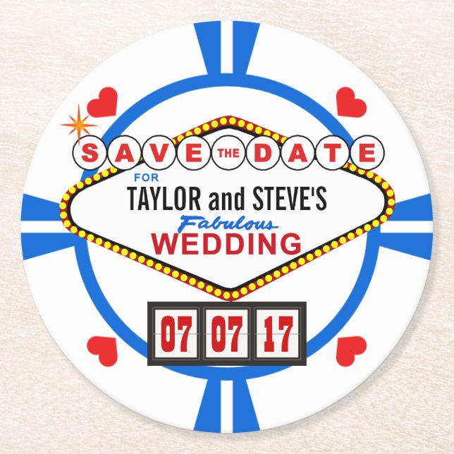 Save the Date Las Vegas Wedding Poker Chip Runder Pappuntersetzer (Vorderseite)