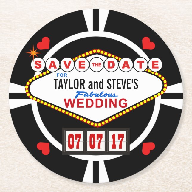 Save the Date Las- Vegashochzeits-Poker-Chip Runder Pappuntersetzer (Vorderseite)