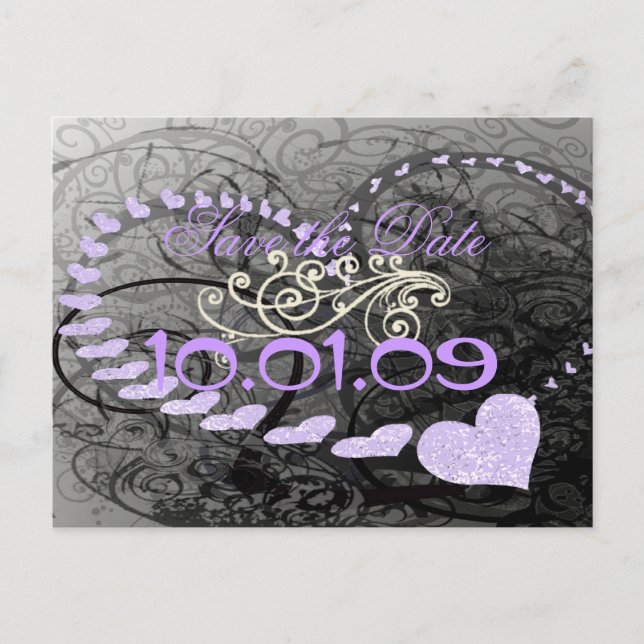 Save the Date Lavender Hearts - Ankündigungspostkarte (Vorderseite)