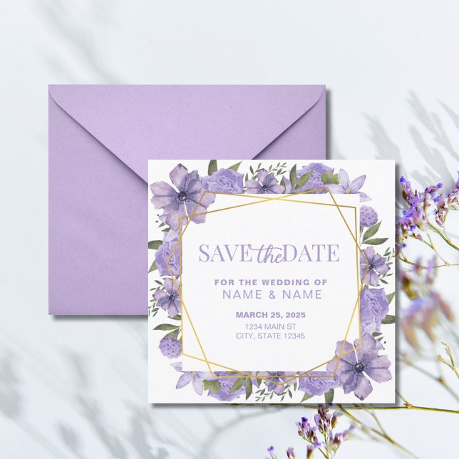 Save the Date Lavender Lila Gold Floral Wedding Einladung (Von Creator hochgeladen)