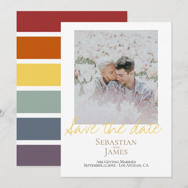 Save the Date LGBTQ Rainbow Personalisiertes Foto (Vorne/Hinten)