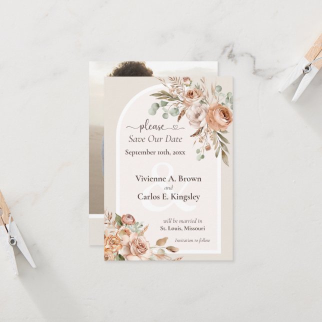 Save the Date Light Earth Tone Boho Floral Foto (Vorderseite/Rückseite Beispiel)
