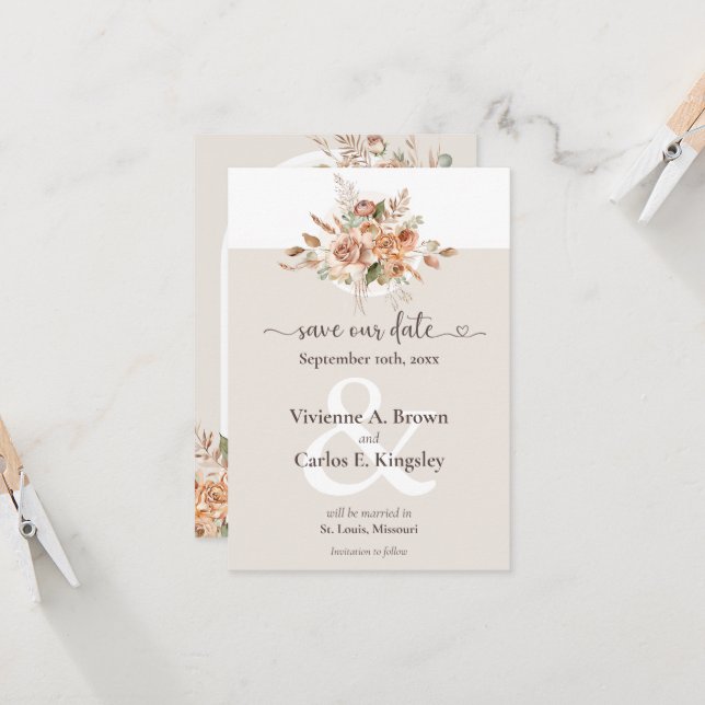 Save the Date Light Earth Tone Boho Floral Foto (Vorderseite/Rückseite Beispiel)