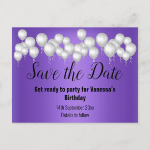 Save the Date Lila Balloons Sparkle Occassion Ankündigungspostkarte