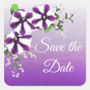 Save the Date Lila Floral Petunia Quadratischer Aufkleber