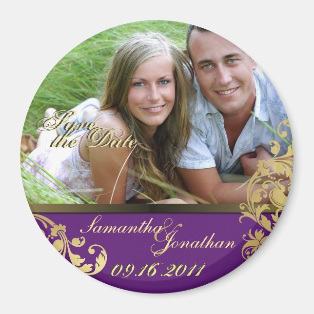 Save the Date Lila und Gold Shimmer Blumenmagnet Magnet (Vorne)