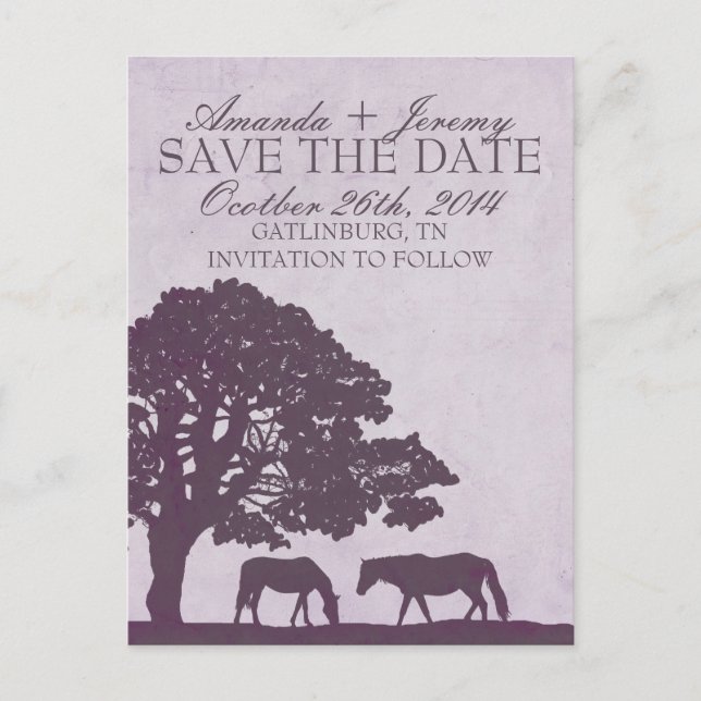 Save the Date lila Vintage Pferdefarm Ankündigungspostkarte (Vorderseite)