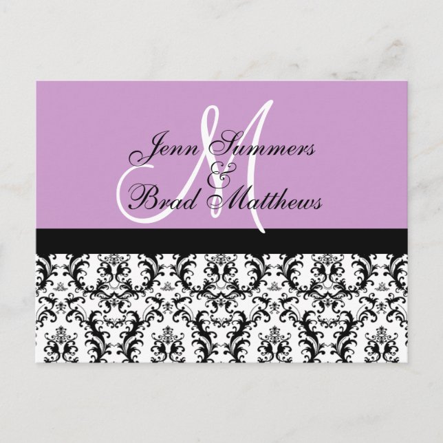 Save the Date Lilac Monogram Damask Card Ankündigungspostkarte (Vorderseite)