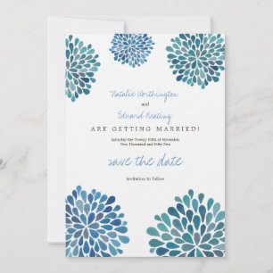 Save the Date Linen Blue Watercolor Dahlias