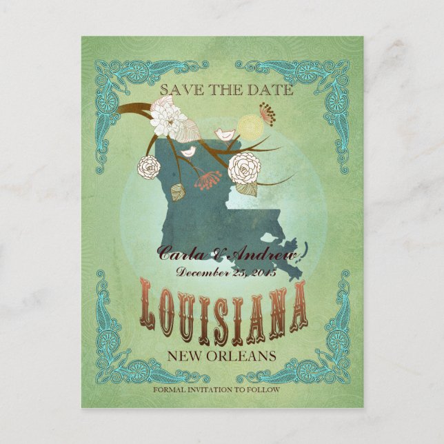 Save the Date - Louisiana Karte mit hübschen Vögel (Vorderseite)