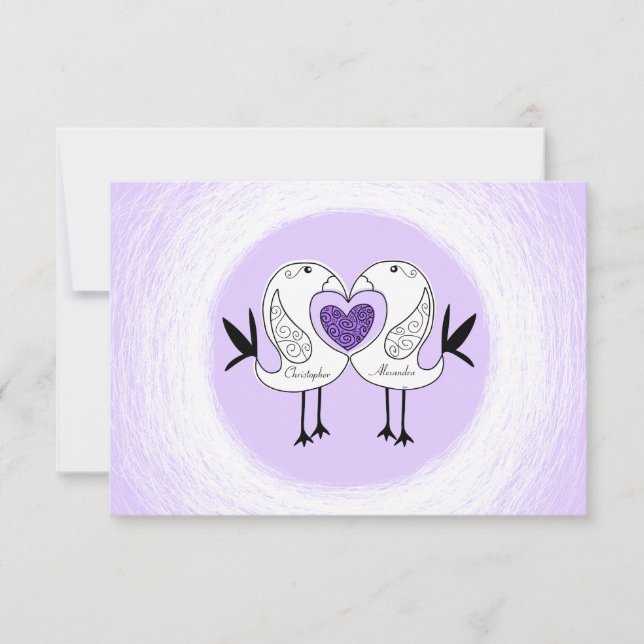 Save the Date Love Bird RSVP-Karten Lila 1 RSVP Karte (Vorderseite)