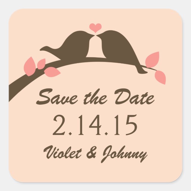 Save the Date Love Birds Quadratischer Aufkleber (Vorderseite)