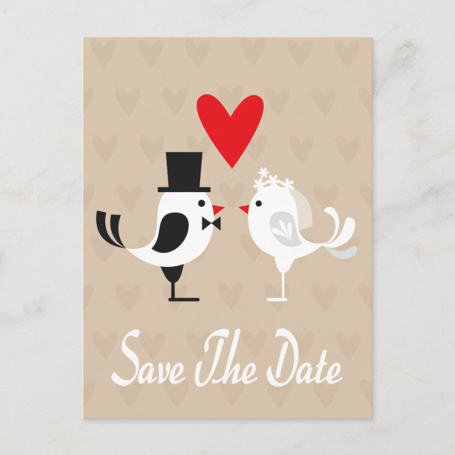 Save the Date Lovebirds & Hearts Postkarte (Vorderseite)