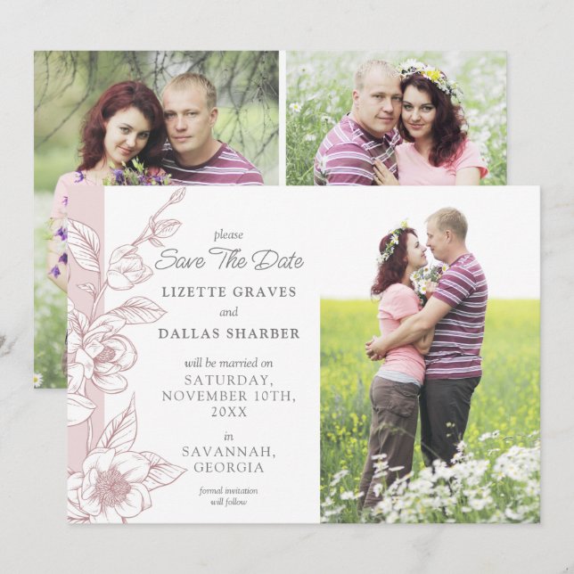 Save the Date Magnolia Blush Wedding 4-Foto Card Einladung (Vorne/Hinten)