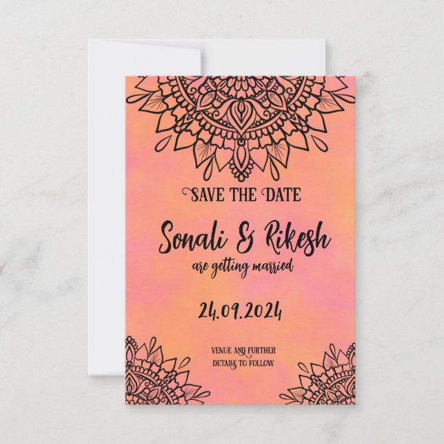 Save the Date Mandala Pink & Orange Wedding Card (Vorderseite)