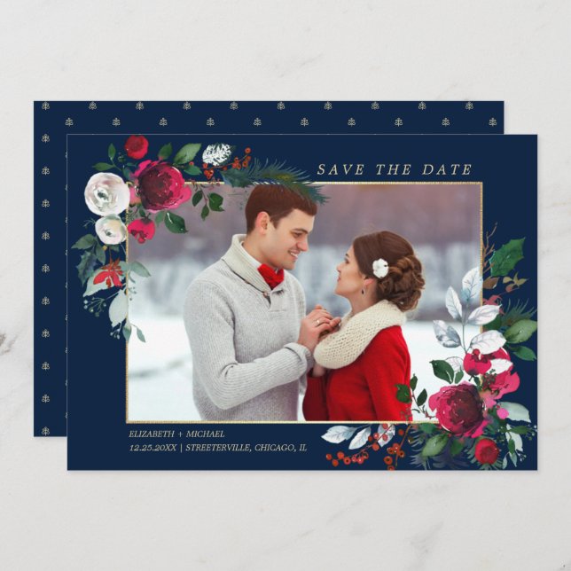 Save The Date. Marineblau | Burgundy Wedding Foto Einladung (Vorne/Hinten)