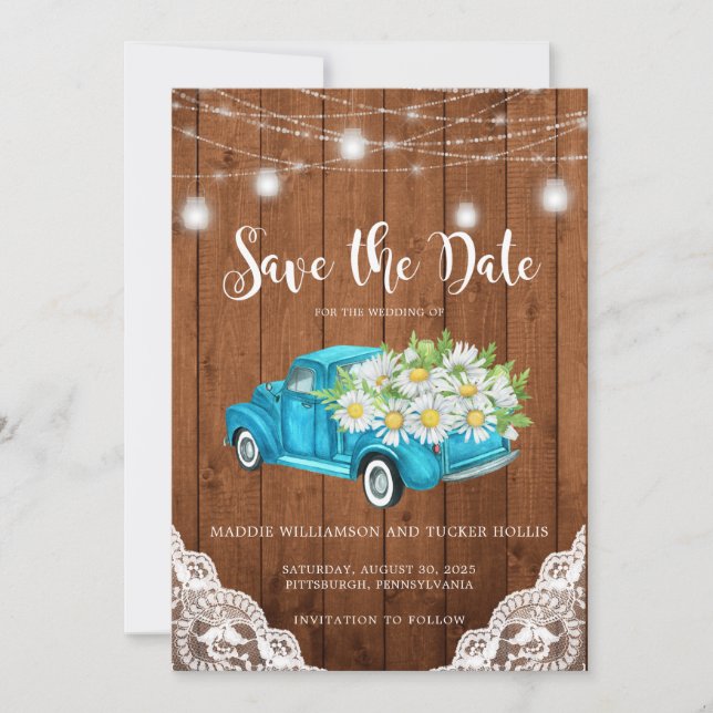 Save the Date Mason Jar Lights Wood Lace Foto (Vorderseite)