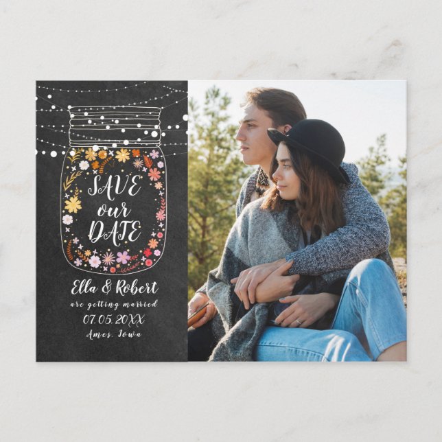 Save the Date Mason Jar String Lights Boho Foto Ankündigungspostkarte (Vorderseite)
