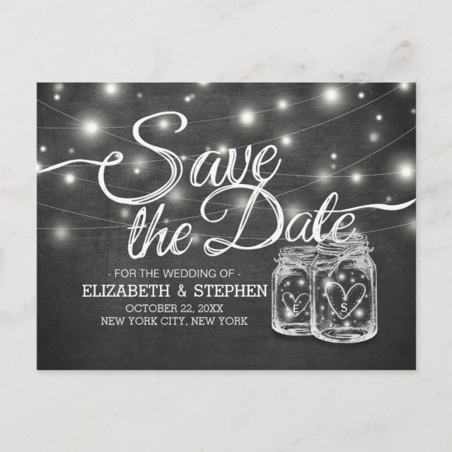 Save the Date Mason Jar String Lights Chalkboard Ankündigungspostkarte (Vorderseite)