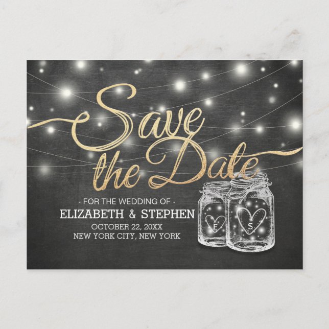 Save the Date Mason Jar String Lights Chalkboard Ankündigungspostkarte (Vorderseite)