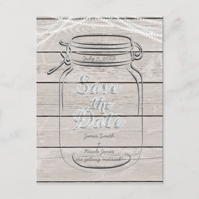 Save the Date Mason Jar & String Lights Hochzeit Ankündigungspostkarte (Vorderseite)