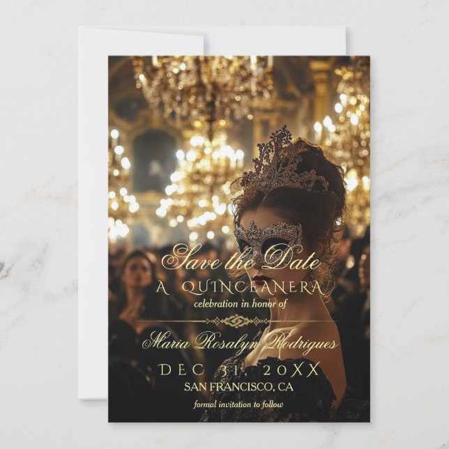 Save the Date Masquerade Quinceanera Foto Einladung (Vorderseite)