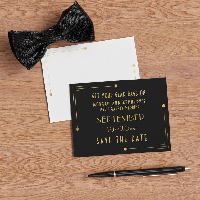 Save the Date Matte Black and Gold 1920er Hochzeit (A 1920s vintage vibe with this Save the Date. Just add your Gatsby Wedding details)