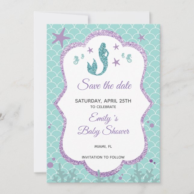 Save the Date Mermaid Glitzer Lila Aquamarin (Vorderseite)