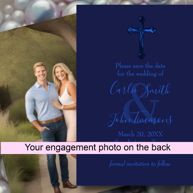 Save the Date mit Cross Blue Monotone Foto zurück (Von Creator hochgeladen)
