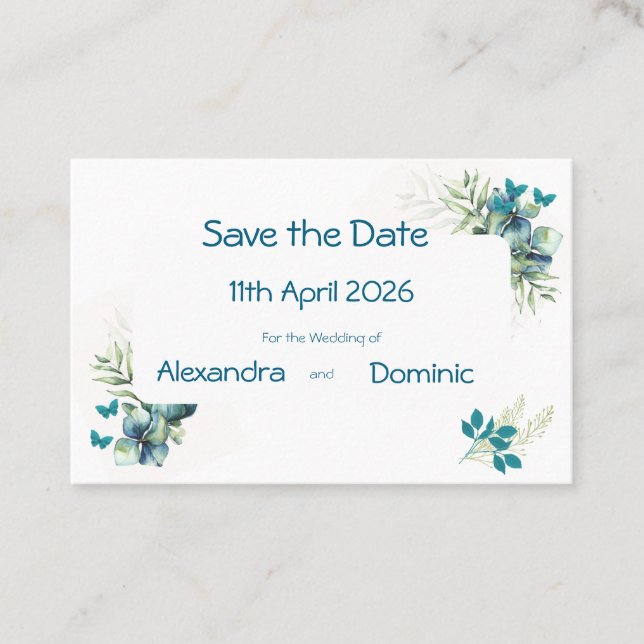 Save the Date mit Floral- und Schmetterlingsmotiv Visitenkarte (Vorderseite)