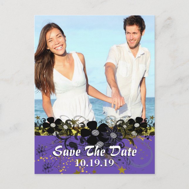 Save the Date mit IHREM Foto - Gelb und Lilac Ankündigungspostkarte (Vorderseite)